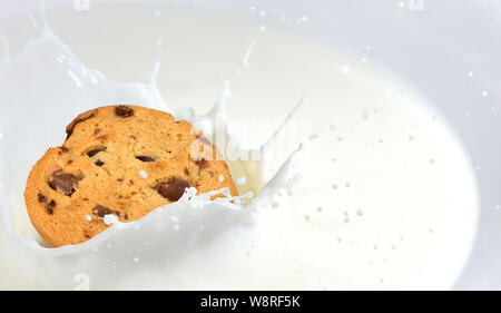 Milchspritzer. Köstliche Plätzchen in einer Schüssel mit Milch. Stockfoto