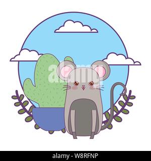 Süße Maus mit Kaktus im Topf pflanzen und Krone treibt Vector Illustration Design Stock Vektor