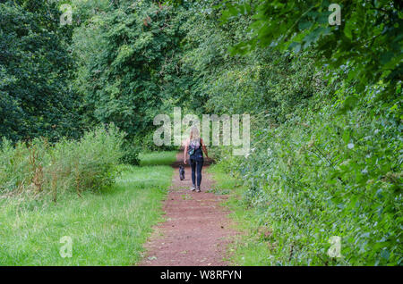 Eine Frau geht mit ihrem Hund auf einem Weg durch die Wälder in der South Staffordshire Landschaft. Stockfoto