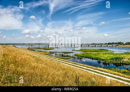 Blick von einem grasbewachsenen Deich in Richtung der Feuchtgebiete an Reevediep flutrinne der IJssel rivernear Kampen, Niederlande, gesäumt von einem konkreten bicycl Stockfoto