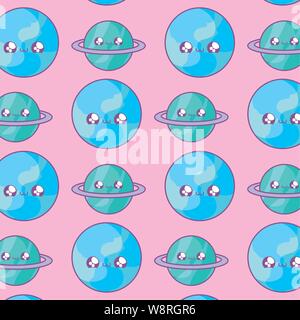Muster der niedlichen Planeten Saturn mit Welt Erden kawaii Stil Vector Illustration Design Stock Vektor