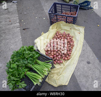 MISHAN, CHINA - Juli 27, 2019: Unbekannter Menschen vor Ort kaufen und verkaufen Produkte in einem lokalen Gemüsemarkt. Stockfoto