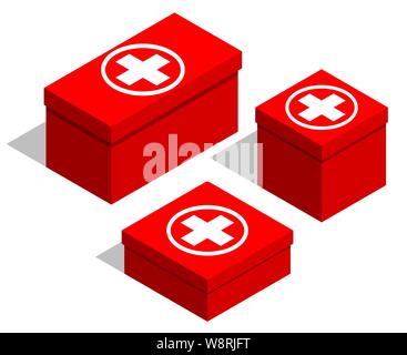 Medizinische erste-Hilfe-Kits. Set von roten Boxen mit einem medizinischen Symbol auf dem Deckel. Isolierte Objekte auf weißem Hintergrund. Isometrie. Vektor Stock Vektor