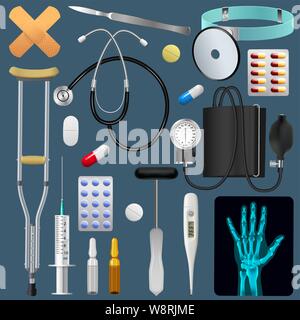 Medizinische Geräte Werkzeuge und Medikamente Set. Medizin Traumatologie Chirurgie und erste Hilfe. Realistische Detailobjekte. Vektor Stock Vektor