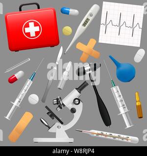 Set von medizinischen Instrumenten und Präparaten. Verbandskit und Inhalt. Medizin und Gesundheit. Vektor Stock Vektor