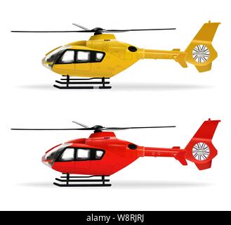 Gelbe und rote Hubschrauber. Kleiner Passagierhubschrauber in verschiedenen Farben. Lufttransport. Realistische isolierte Objekte auf weißem Hintergrund Stock Vektor