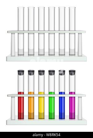 Satz von Röhrchen in Gestellen. Röhrchen leer und mit bunten Flüssigkeit gefüllt. Spezielle Laborgeräte für Medizin, Pharmazie, Biologie und Stock Vektor