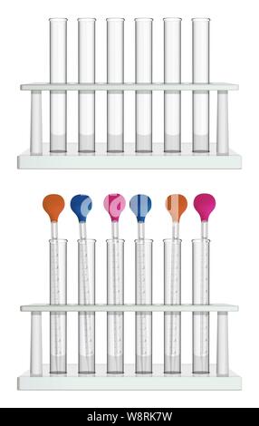 Ein Satz Röhren in den Regalen. Leere Reagenzgläser und Röhrchen mit messlabor Pipetten. Spezielle Laborgeräte für Medizin, Pharmazie Stock Vektor