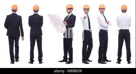 Panorama Foto Collage von qualifizierten Architekten isoliert auf weißem Stockfoto