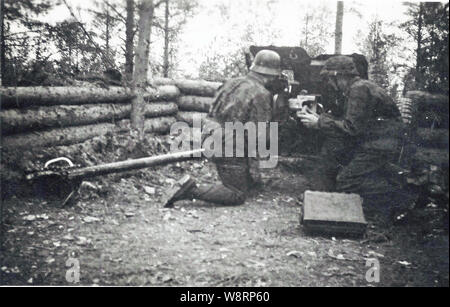 Deutsche Soldaten in der Tarnung Kittel in der 6. SS Mountain Division Nord mit einem leichten Pak Pak in der Defensive Position an der russischen Front Stockfoto