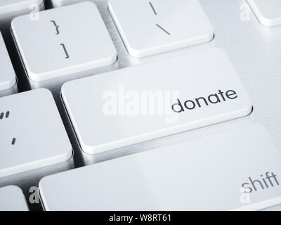 Spenden Sie Geld computer Laptop weiße Tastatur liegen auf glänzend poliertem Aluminium Metallgehäuse ackground. 3D Rendering illustration Stockfoto