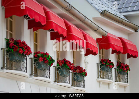Schöne große Fenster mit roten Blüten und einem schmiedeeisernen Balkon Grill rotes Vordach auf einer weißen Wand Stockfoto