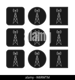 Symbol mit Sender, Repeater und Empfängermast auf quadratischen und runden schwarzen Hintergrund, einfache flache Bauform. Stock Vektor