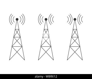 Symbol mit Sender, Verstärker und Receiver Mast gesetzt, einfache flache Bauform. Stock Vektor