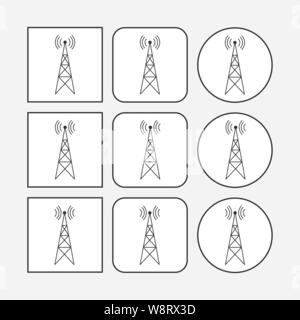 Symbol mit Sender, Repeater und Empfängermast auf quadratischen und runden weißen Hintergrund gesetzt, einfache flache Bauform. Stock Vektor