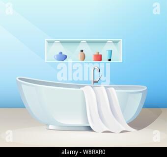 Modernes Bad mit Badewanne und Zubehör, Banner, Vector Illustration. Stock Vektor