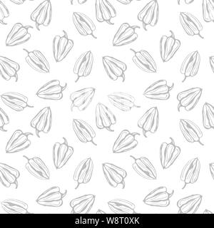 Bell Pepper Vektor nahtlose Muster. Graue Kontur Pfeffer auf weißem Hintergrund Stock Vektor