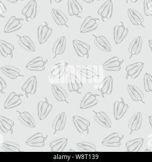 Bell Pepper Vektor nahtlose Muster. Graue Kontur Pfeffer auf grauem Hintergrund Stock Vektor