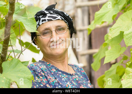 Close-up Portrait eines älteren muslimischen Frau Gartenarbeit Gurkenpflanzen, durch die frische grüne Blätter vieler Pflanzen in Ihrem Gemüsegarten umgeben. Stockfoto
