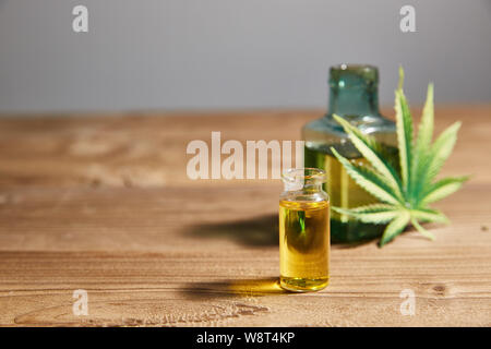 Hanf Öl in einer Glasflasche, Hanf Blätter auf dem Hintergrund der Holzbretter. Platz für Text. Stockfoto