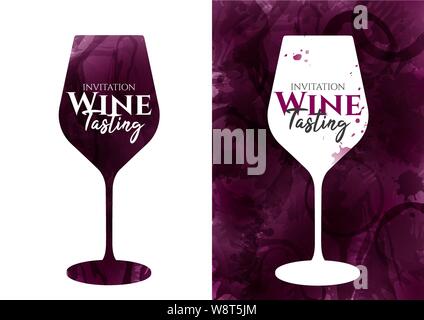 Abbildung: Rotwein Glas mit Farbflecken. Wein Glas Silhouette mit Strichen und Wein Flecken Hintergrund. zeigt Text. Weinverkostung Einladung, p Stock Vektor