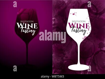 Abbildung: Rotwein Glas mit Farbflecken. Wein Glas Silhouette mit Strichen und Wein Flecken Hintergrund. zeigt Text. Weinverkostung Einladung, p Stock Vektor