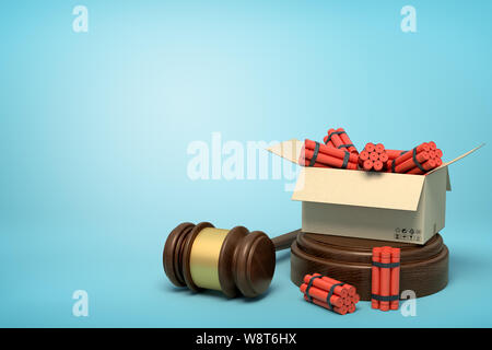 3D-Rendering von Karton voller Dynamit auf klingende Block mit Richter Hammer neben Block auf der hellblauen Hintergrund. Stockfoto