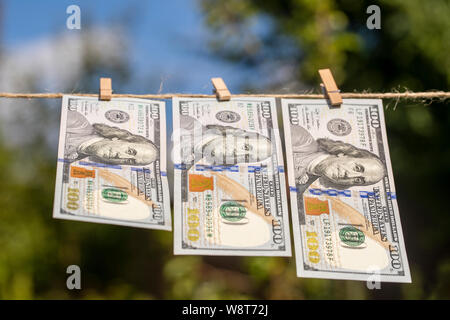 100 dollar Banknote auf hängende grüne Natur Hintergrund und blauer Himmel. Dollarscheine hängend an einem Seil. Close Up. Einhundert Dollar Scheine in Flatterte. Stockfoto