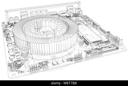 Technologie Hintergrund. CPU auf einem Motherboard auf weißem Hintergrund. Abbildung: erstellt von 3d Stock Vektor