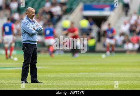 London, Großbritannien. 11. August 2019. England v Wales Rugby Union Quilter Internationals, Twickenham, 2019, 11/08/2019 England Haupttrainer Eddie Jones Gutschrift: Paul Harding/Alamy leben Nachrichten Stockfoto