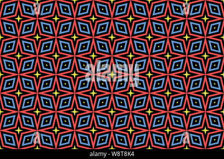Nahtlose Muster. Schwarzer Hintergrund und geformte Sterne und Diamanten in den Farben Gelb, Rot und Blau. Stockfoto