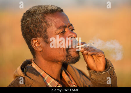 Alter Bauer raucht eine Zigarette in die Felder in der Nähe von Dedza. Malawi ist eines der ärmsten Länder der Welt. Stockfoto