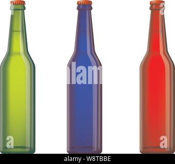 Drei glänzend Flaschen mit hellen Bier oder einem frischen Drink stehen. Drei Farben: Grün, Blau, Rot. Weißer Hintergrund. Isolierte Vektor Stock Vektor