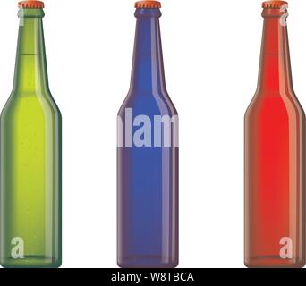 Drei glänzend Flaschen mit hellen Bier oder einem frischen Drink stehen. Drei Farben: Grün, Blau, Rot. Weißer Hintergrund. Isolierte Vektor Stock Vektor