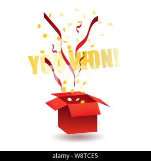 Rot Preis Box mit goldenen Münzen und Konfetti Explosion, die Spieler informiert, dass er ein Spiel gewonnen. Für Karten, Banner von Glücksspielen. Isolieren Stock Vektor