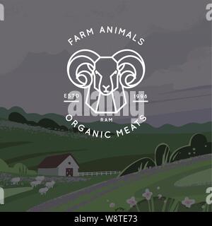 Vektor Logo von Bio-fleisch, Bauernhof, ökologische Farm mit dem Bild eines Ram in einem linearen Stil gezeichnet. Stock Vektor