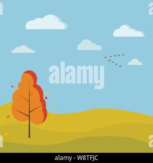 Herbst cute Natur Landschaft Hintergrund mit Laubbaum, Felder, Fluss, Wolken, Vögel Kran Keil Stock Vektor
