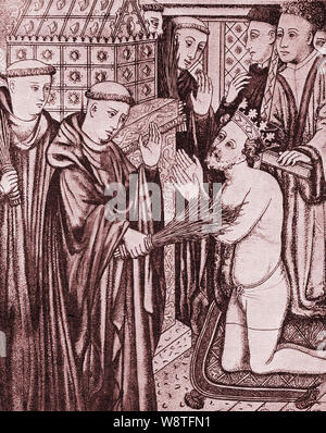 König Heinrich II. von England in 1173, Buße zu tun, die von der Geißelung vor dem Grab des Thomas Becket, er hatte über Reginald FitzUrse, Hugh de Morville, William de Tracy und Richard Le Breton 1170 (aus einem alten Manuskript) ermordet wurde. Stockfoto