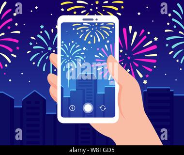 Hand smartphone Aufnahme Feuerwerk über Nacht Stadt. Die video für Social Media neue Jahre oder Independence Day Feier. Vector clip a Stock Vektor