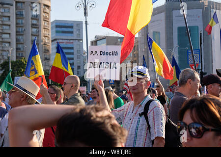 Demonstrant mit Vorzeichen den Ruecktritt des rumänischen Ministerpräsidenten Viorica Dăncilă auf Protest gegen Vorwürfe von Korruption Stockfoto