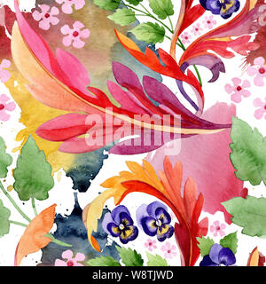 Ornament mit Stiefmütterchen Blumen botanischen Blumen. Aquarell Hintergrund Abbildung. Nahtlose Muster. Stockfoto