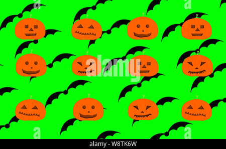 Nahtlose Textur. Sich wiederholende Muster von geschnitzten Halloween Kürbisse und Silhouette der Fledermäuse auf grünem Hintergrund. Stockfoto