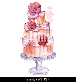 Lecker Kuchen mit Blumen geschmückt. Aquarell Hintergrund Abbildung. Isolierte Kuchen illustration Element. Stockfoto