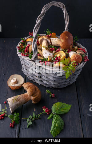 Korb mit Pilzen und Beeren auf einem dunklen Hintergrund. Close-up. Vertikaler Dampfstoß Stockfoto