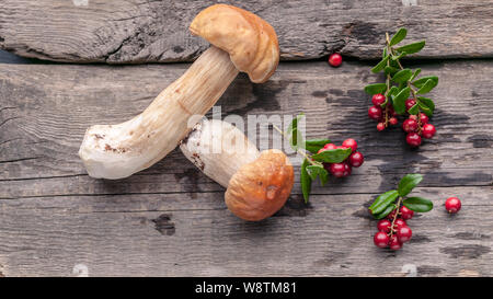 Essen banner Wald Pilze und Beeren auf einem rustikalen Holzmöbeln Hintergrund. Close-up. Ansicht von oben. Platz kopieren Stockfoto