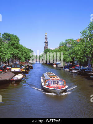 Das Haus Turm und Exkursion Kanal Boot, Grachtengordel, Amsterdam, Noord-Holland, Königreich der Niederlande Stockfoto