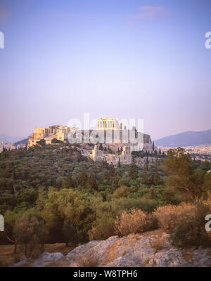 Die Akropolis von Athen aus Mousion Hill, Athen (Athina), Athen, Griechenland Stockfoto