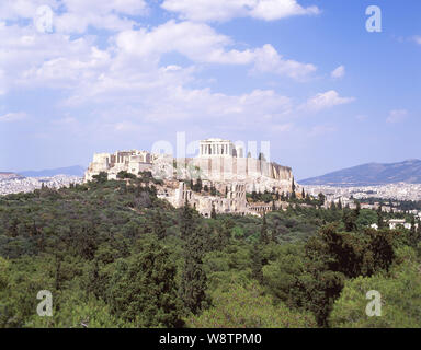 Die Akropolis von Athen aus Mousion Hill, Athen (Athina), Athen, Griechenland Stockfoto