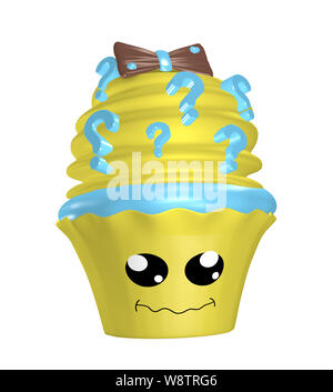 Kawaii Cupcake mit Verdutzten Gesicht und Fragezeichen in der Creme dome. 3D-Rendering Stockfoto