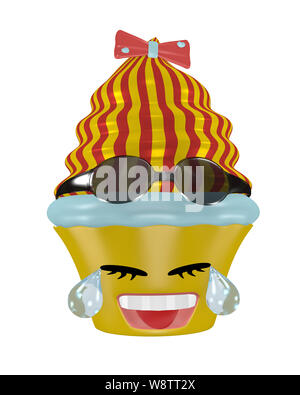 Tränen lachen Cupcake Emoticon in kawaii Stil mit Sonnenbrille. 3D-Rendering Stockfoto